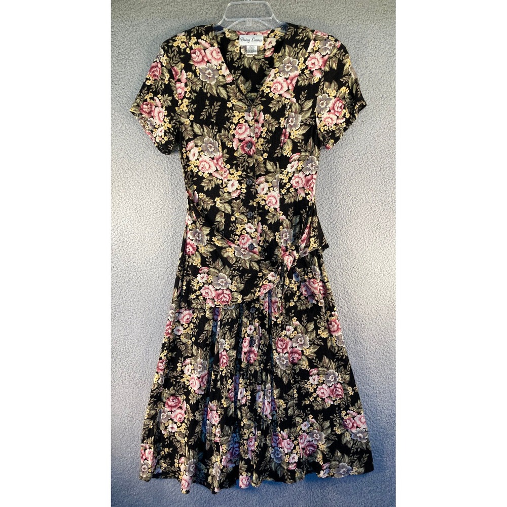 Vtg Betsy Lauren Floral Midi Dress Womens 5/6 Black Pink Rayon Button Front